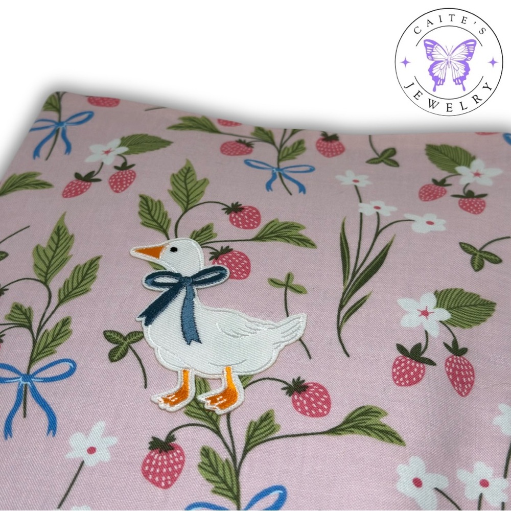 Handmade Small Book/Kindle Sleeve with a Pink Berries and Blue Bows Fabric